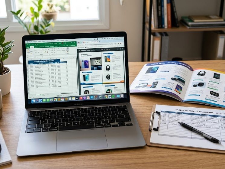Notebook com planilha e catálogo, catálogo impresso e tabela de preços sobre a mesa